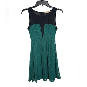 Rewind Sleeveless Lace Mesh Mini Dress Black and Emerald Green XS
